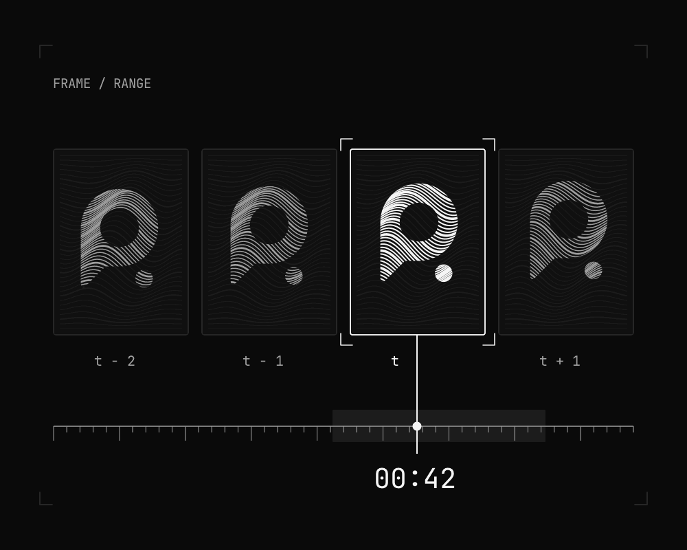 A selected frame connected to a timeline at 00:42